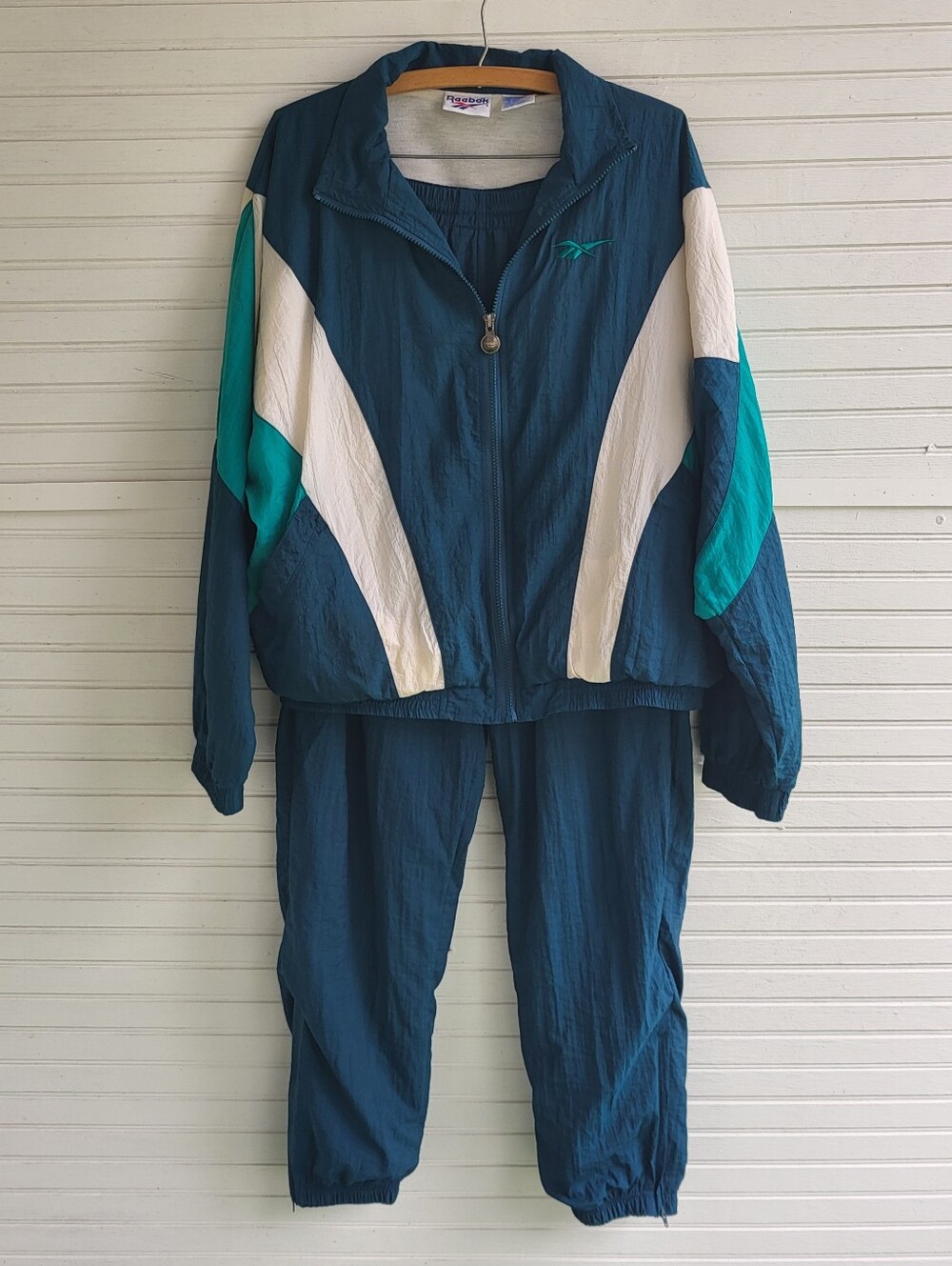 Vtg Y2K 90s Reebok Tracksuit Windbreaker Set Sz L Unisex Teal White Colorblock